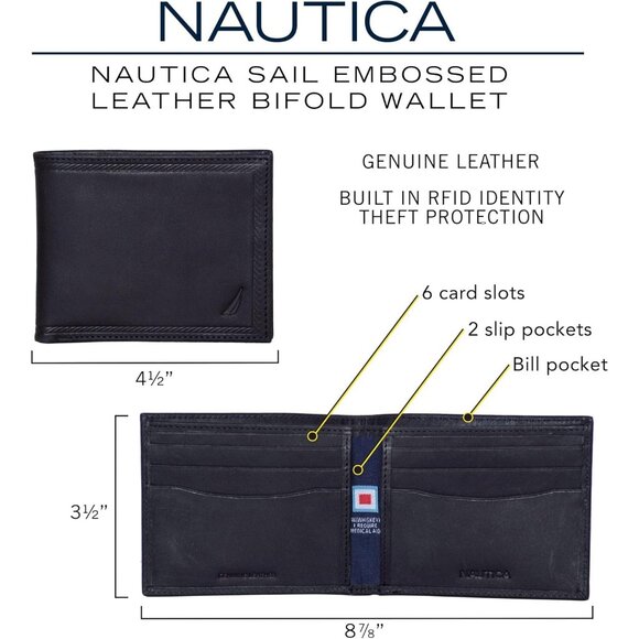 Nautica Men's Bifold Leather Wallet Black RFID Blocking ID Window Card Slots - Picture 5 of 5